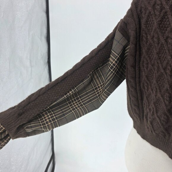 Gabby Isabella Brown Cable Knit Plaid Sleeve Button Front Cropped Cardigan Sweat - Picture 4 of 12